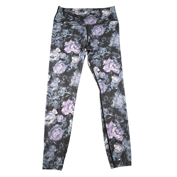 Apana Leggings Womens Large Black Purple Floral High Rise Yoga Pants Spandex Gym - Picture 1 of 11